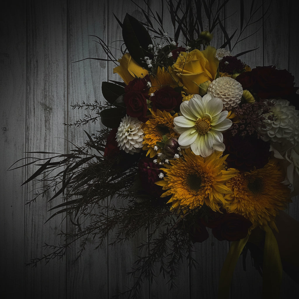 Wildstyler wedding bouquet with bright sunflowers and deep red roses. Wild textures for a statement bridal bouquet. Koputaroa, NZ