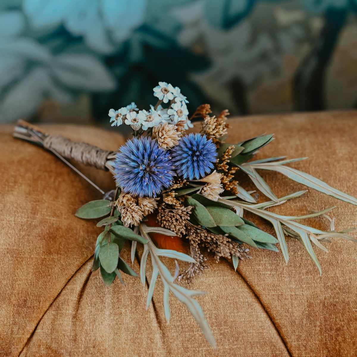 Rustic wedding buttonhole with a pop of blue. Wildstyler wedding florals NZ